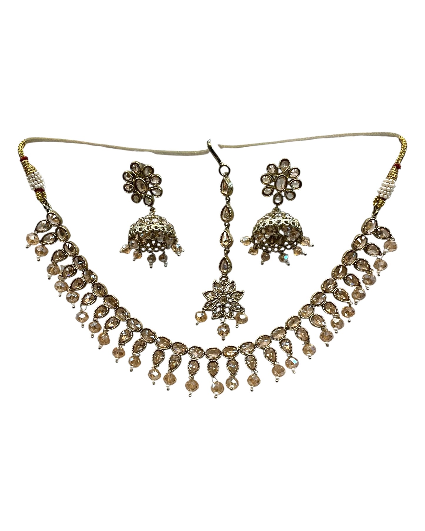 Crystal / Champagne - Medium Size Antique Gold Finish Necklace Set with Earrings & Head Piece - KAJ1054 08A25