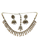 Crystal / Champagne - Medium Size Antique Gold Finish Necklace Set with Earrings & Head Piece - KAJ1054 08A25