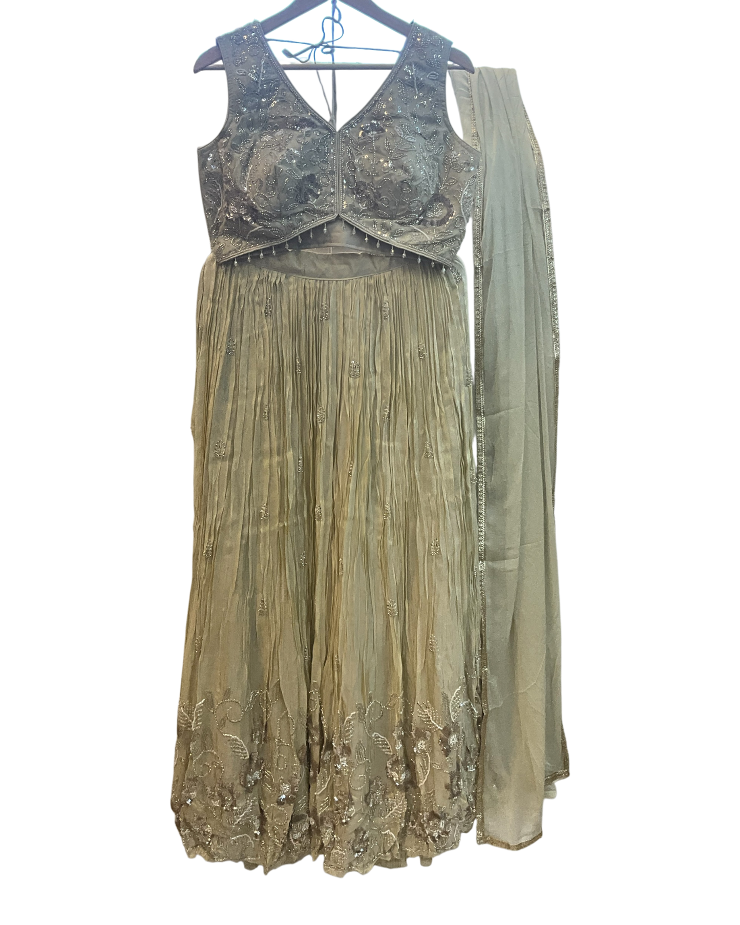 Size UK 14 (40" Bust) Sleeveless - Light Gold - Silky Lehenga Set - Mehndi / Sangeet / Bridesmaids / Weddings / Garba  - UK Stock - 24h Dispatch - KM- Balsa 07TR26