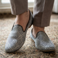 Very Comfortable Silver Grey Brocade Loafer Style Mojri - Indian Mens shoes - Mojari , Khossay -  YD2602
