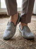 Very Comfortable Silver Grey Brocade Loafer Style Mojri - Indian Mens shoes - Mojari , Khossay -  YD2602
