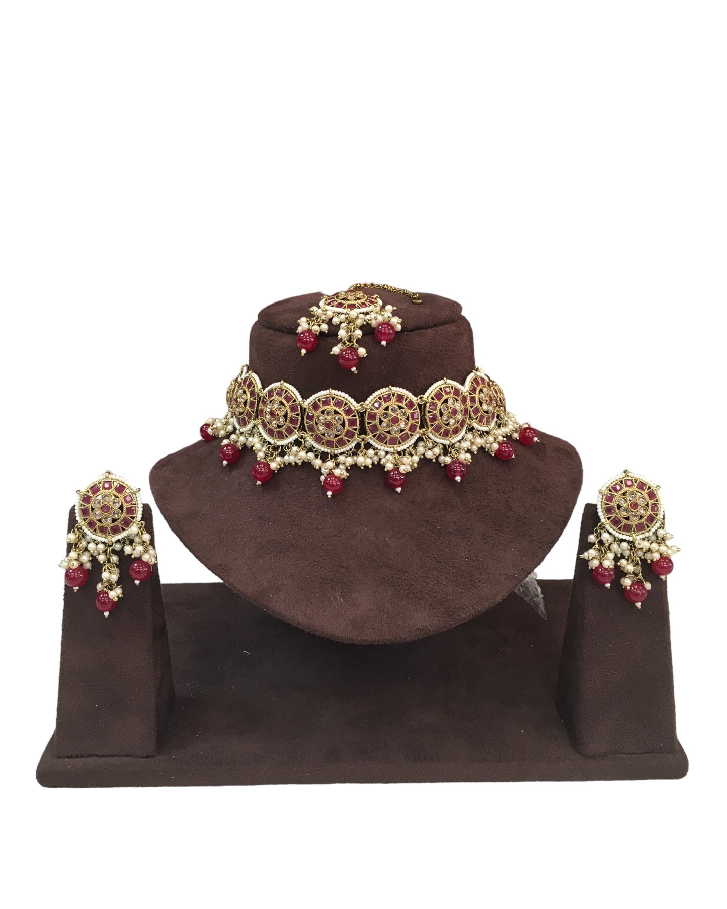 Maroon  - Large Size Antique Gold Finish Necklace Set with Earrings - RAK05  VY 0424
