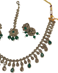 Green - Medium Size Antique Gold Finish Necklace Set with Earrings - KAJ1017 04C24