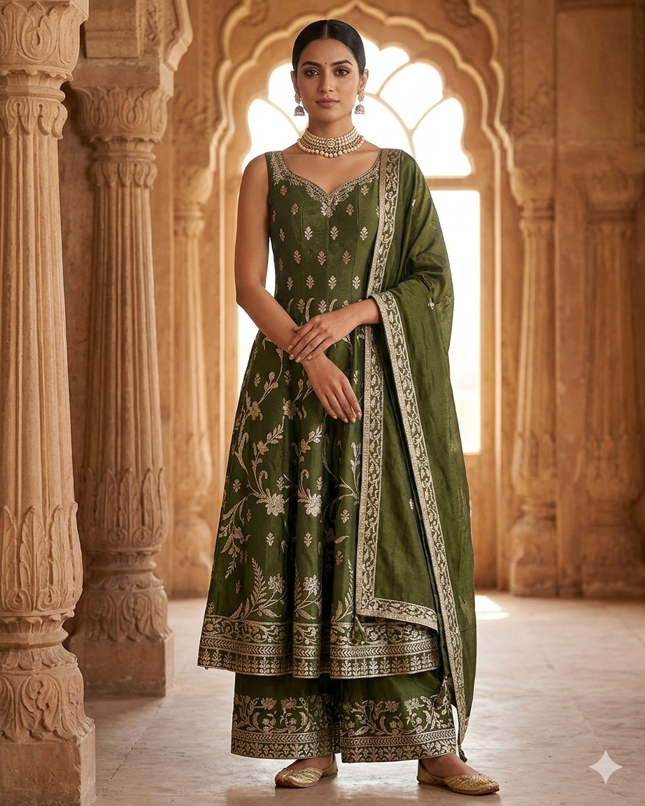 Size 12 (38") - Henna Green - Designer -  Ladies Long Top / Dress Anarkali Trousers Suit - VMK Harleen CY