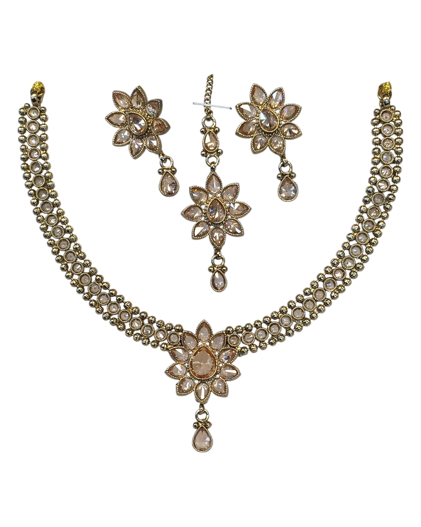 Gold / Neutral - Medium Size Antique Gold Finish Necklace Set with Earrings & Head Piece /Tika- SLV80  11H24