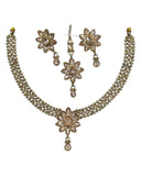 Gold / Neutral - Medium Size Antique Gold Finish Necklace Set with Earrings & Head Piece /Tika- SLV80  11H24