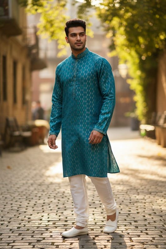 Turquoise Blue - Banarasi Handloom Brocade Mens Indian Kurta set with Trousers - UK Stock - Weddings / Walimas , Sangeet, Diwali, Eid, Mehndi / Henna - VEE2450 VR
