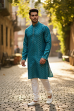 Turquoise Blue - Banarasi Handloom Brocade Mens Indian Kurta set with Trousers - UK Stock - Weddings / Walimas , Sangeet, Diwali, Eid, Mehndi / Henna - VEE2450 VR