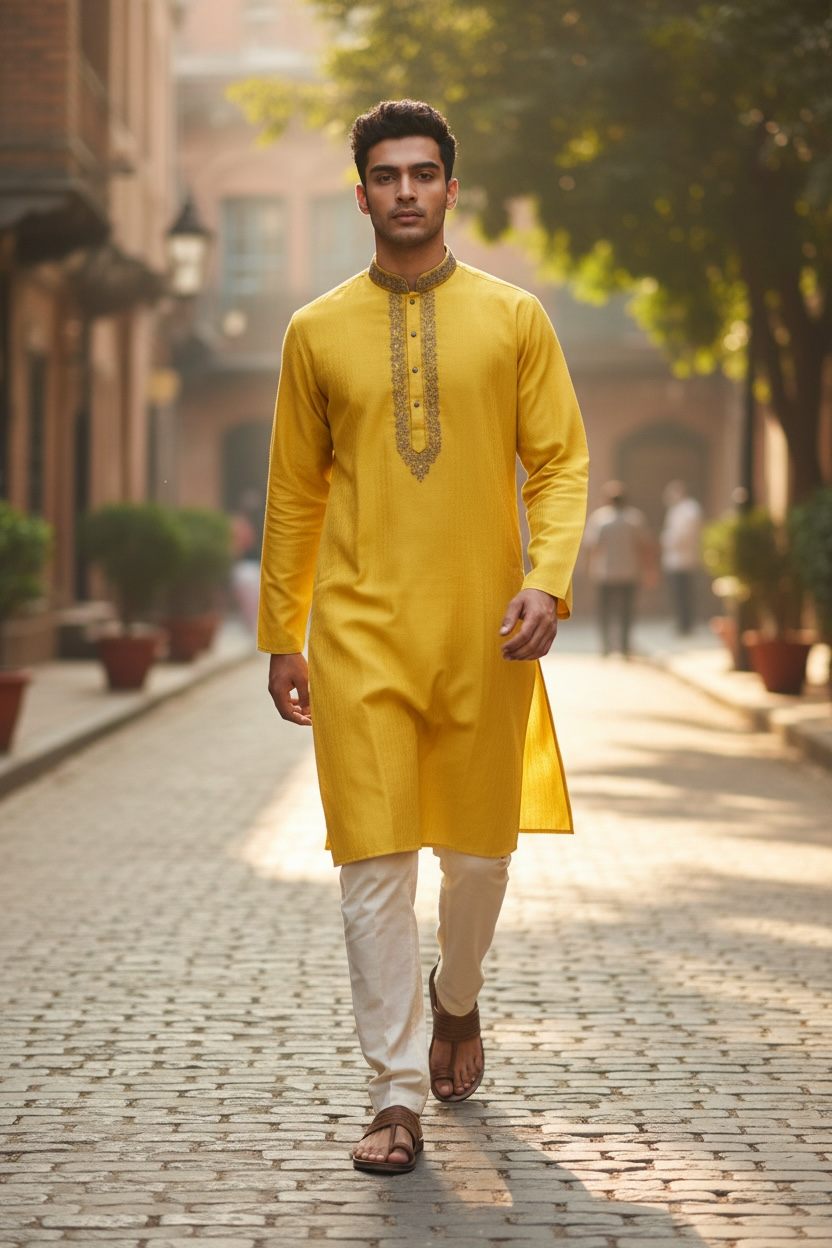Haldi / Yellow - Self Brocade - Gold Thread Work Mens Kurta Set - Sangeet Mehendi Haldi - KCS2995 03KC26