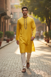 Haldi / Yellow - Self Brocade - Gold Thread Work Mens Kurta Set - Sangeet Mehendi Haldi - KCS2995 03KC26