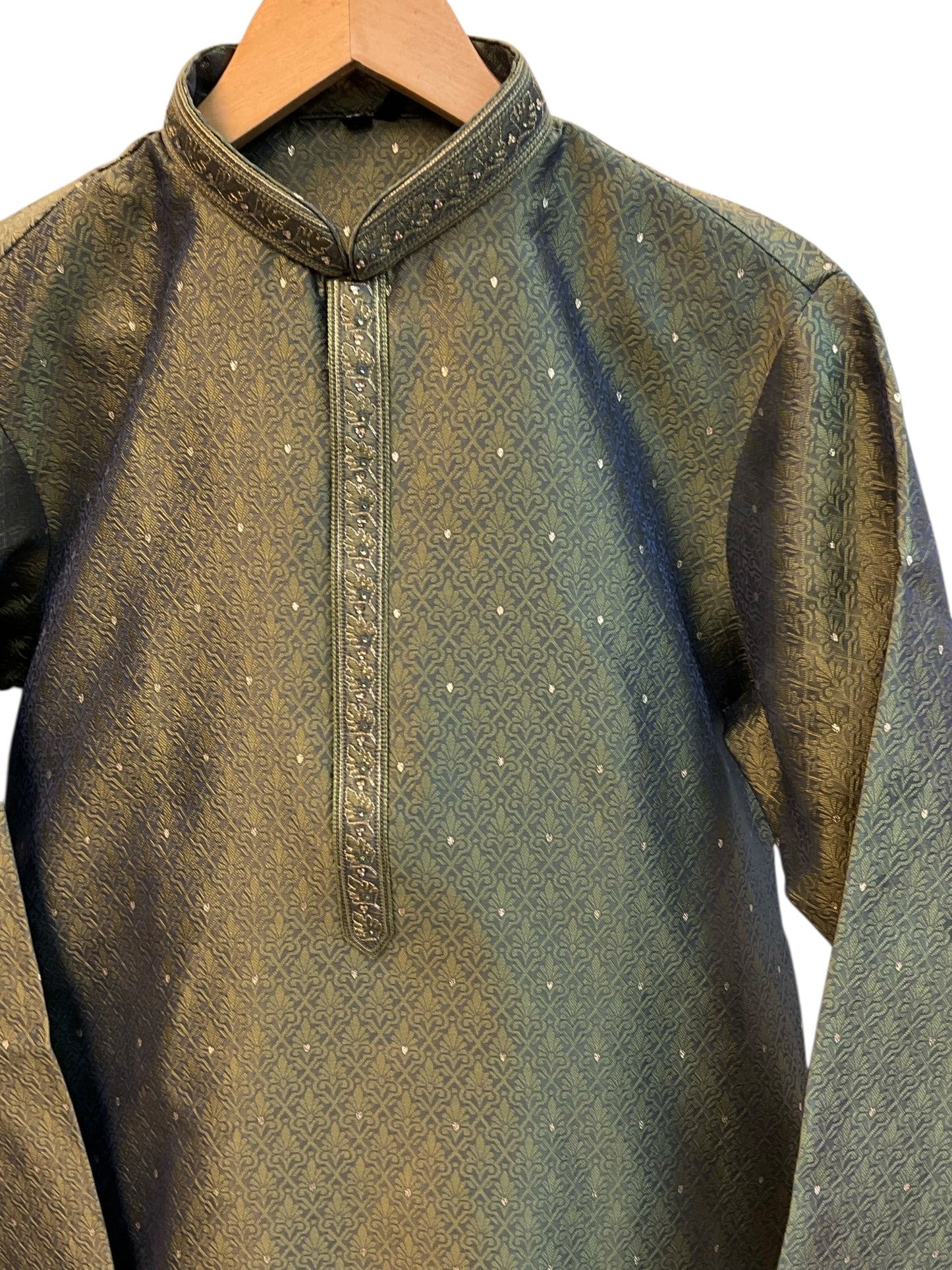 Sage Green - Banarasi Handloom Brocade Mens Indian Kurta set with Trousers - UK Stock - Weddings / Walimas , Sangeet, Diwali, Eid, Mehndi / Henna - VEE2443 VR