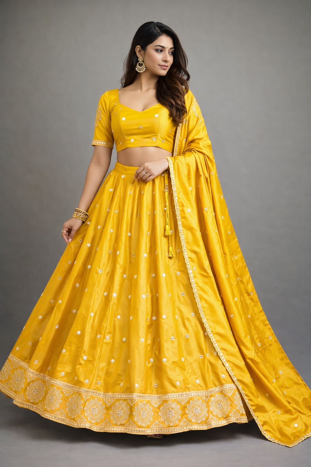 Haldi Yellow - Silky Lehenga Set - Mehndi / Sangeet / Bridesmaid / Weddings / Garba  - Size UK 12 (38" Bust) Adjustable to Size 14 - UK Stock - 24h Dispatch - AF2602 02TY26