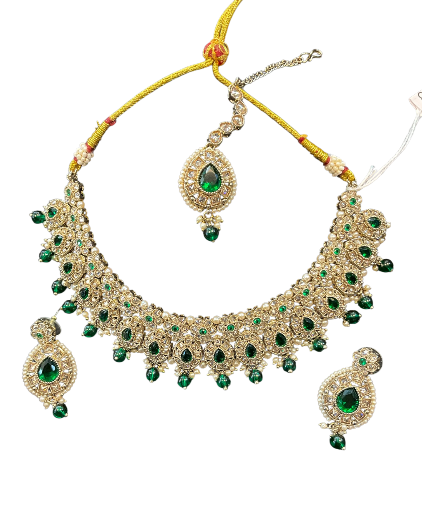 Green - Large Size Antique Gold Finish Necklace Set with Earrings & Head Piece - 6NS591 03KT26