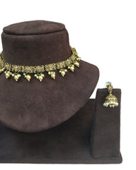 Gold / Nuetral - Small Size Antique Gold Finish Necklace Set with Earrings - VJY402  A 0424