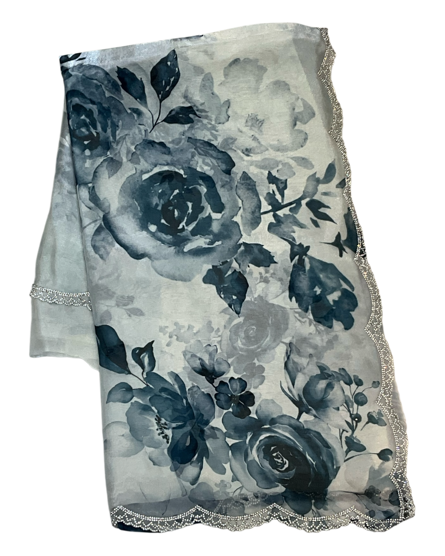 Teal Floral - Classic Satin Crepe Saree with Stone Work and Blouse Piece - UK stock - 24hr Dispatch - RS2536 VR