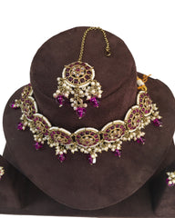 Fuchsia Magenta - Large Size Antique Gold Finish Necklace Set with Earrings - RAK05  VY 0424