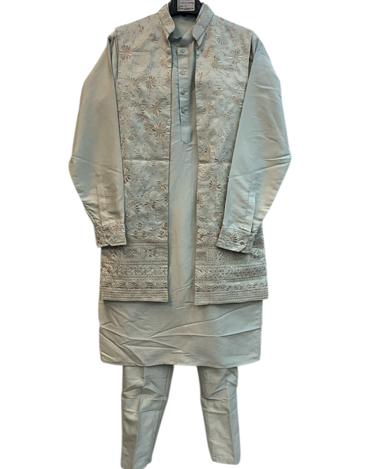 Light Grey / Silver - Mens Fully Embroidered Long Waistcoat with Rich Kurta set - KCS4853 03TH26