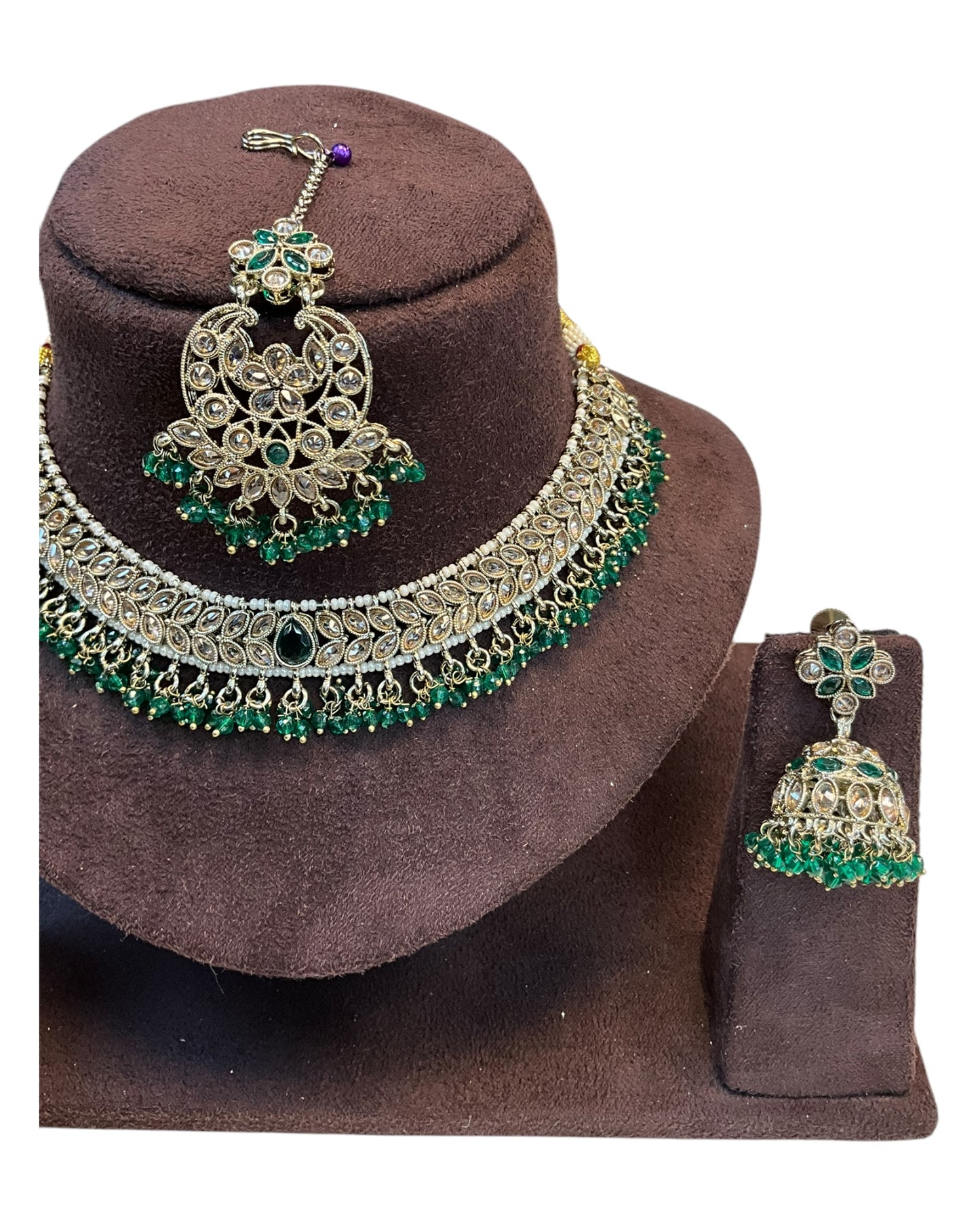 Green - Medium Size Antique Gold Finish Necklace Set with Earrings & Tika Head piece - GGA05  KV 0525