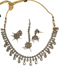 Clear / Neutral - Medium Size Antique Gold Finish Necklace Set with Earrings - KAJ1017 04C24
