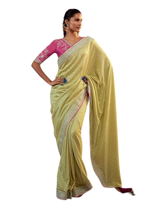 Lemon Yellow - Banarasi Silky Saree with Fancy Ready made Blouse - KIM-KS5269  JK 1123