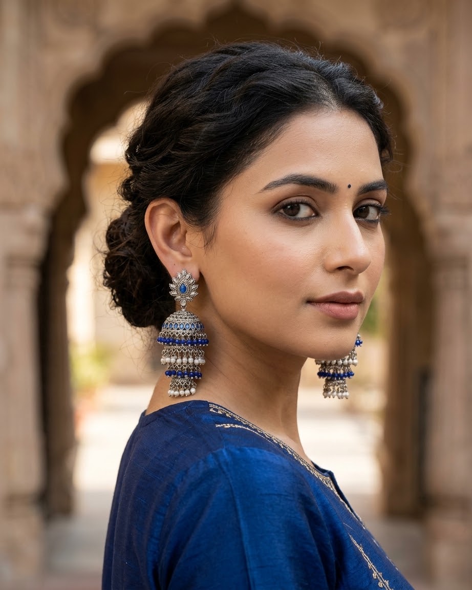 Royal Blue & Pearl Multi-Tiered Step Jhumka Earrings - Bollywood - Weddings - 12JE77 09KY26
