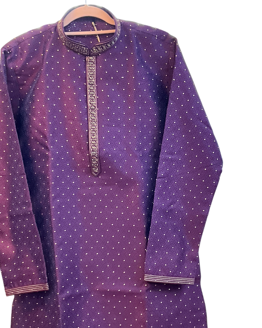 Purple - Banarasi Handloom Brocade Mens Indian Kurta set with Trousers - UK Stock - Weddings / Walimas , Sangeet, Diwali, Eid, Mehndi / Henna - VEE3004 VY