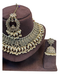 Gold / Neutral / Pearl - Large Size Antique Gold Finish Necklace Set with Earrings & Tika Head piece - GGA07  KT 0525 (Copy)