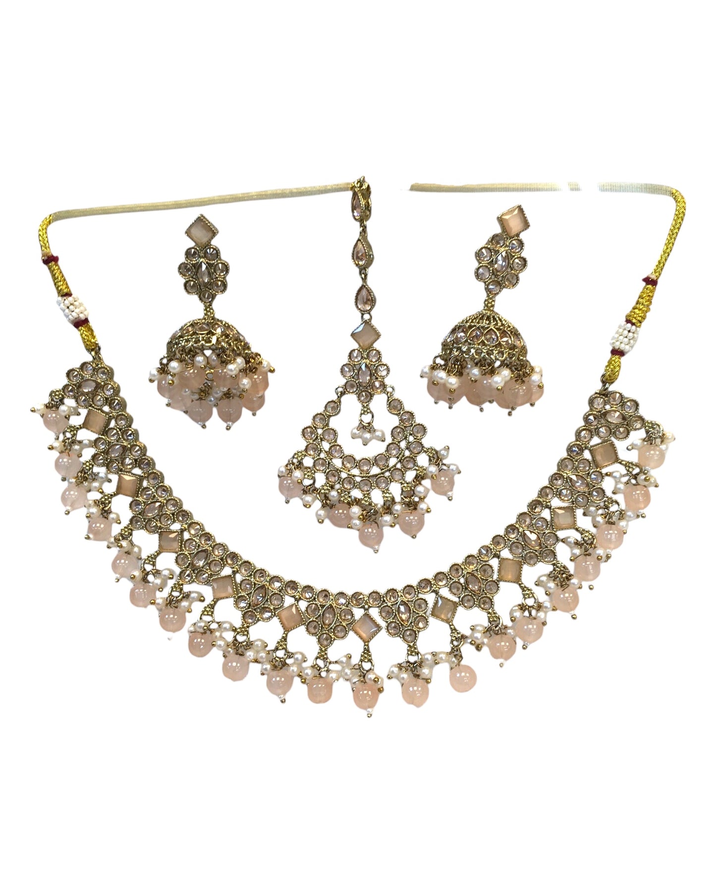Peach - Antique Gold Finish Necklace & Earrings Set - Bollywood - Weddings - KAJ1035 11KK24