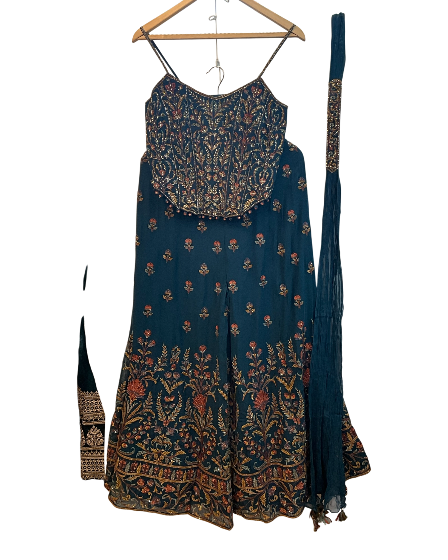 UK 10-12 / 36"- 38" - Dark Teal Blue - Designer Ladies Indian Short Corset / Tie Back Top Palazzo Trousers Suit - UK Stock - 2/3 days delivery - VMK Tarini AP