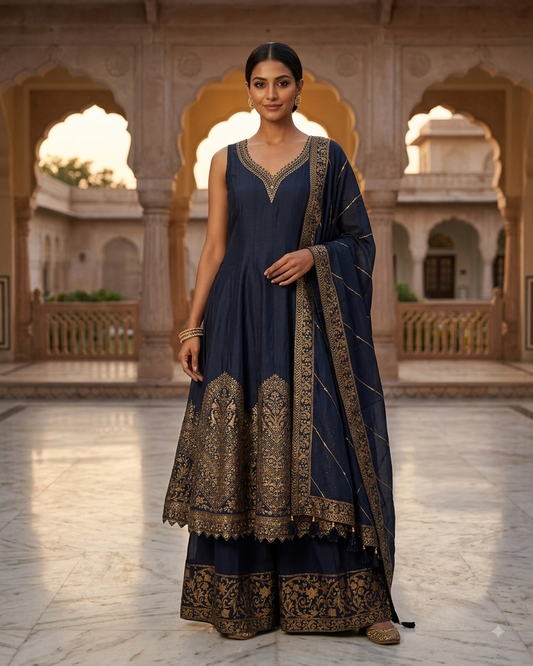 Size 20 (46") - Navy Blue - Designer -  Ladies Long Top Anarkali Trousers Suit - VMK Bandhan CY