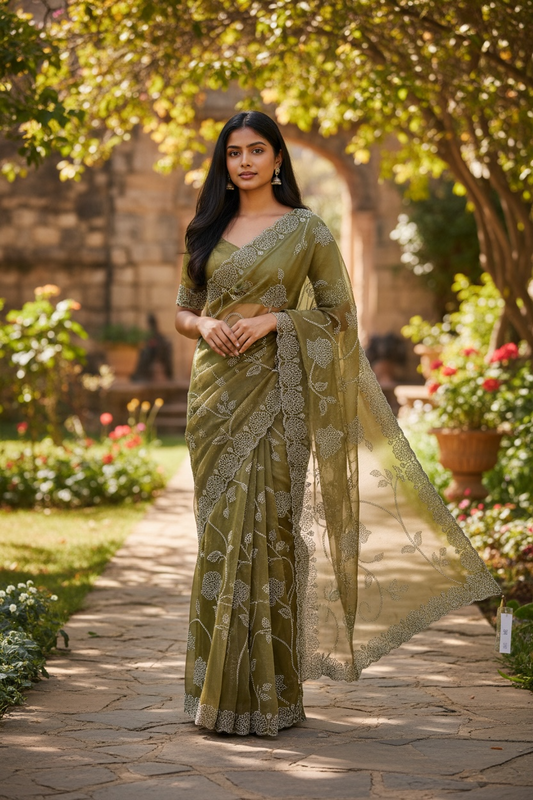 Gold - Rich Saree with Allover Embroidery and Blouse Piece - UK stock - 24hr Dispatch - RS2522 JT