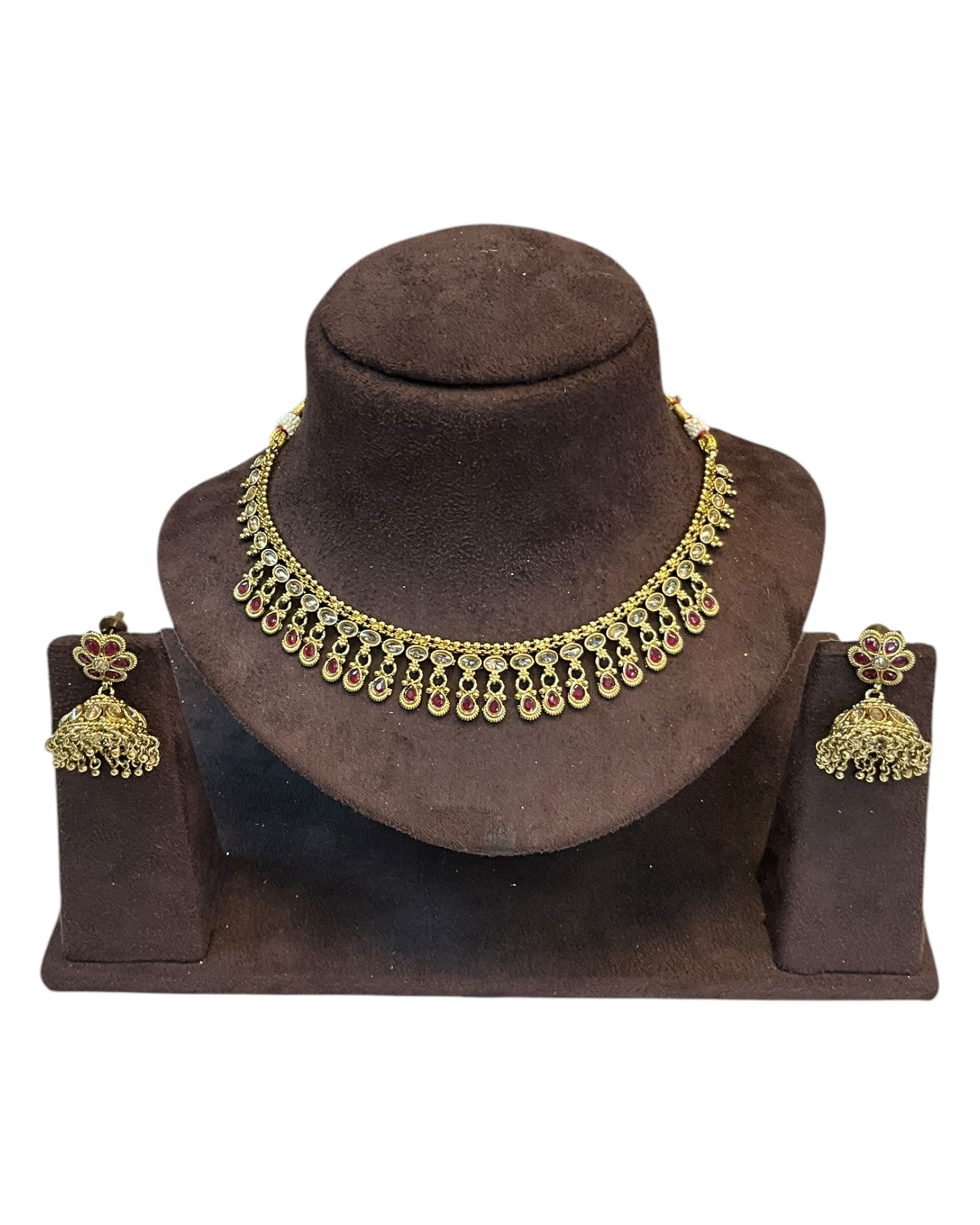 Magenta - Small Size Antique Gold Finish Necklace Set - AE2506 C 0525