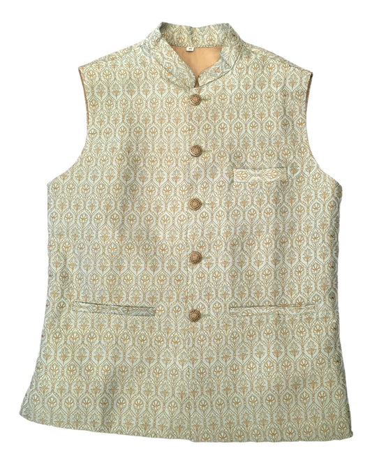 Sea Green - Benarasi Handloom Brocade Mens Waistcoat - KCS2303 KK 0923