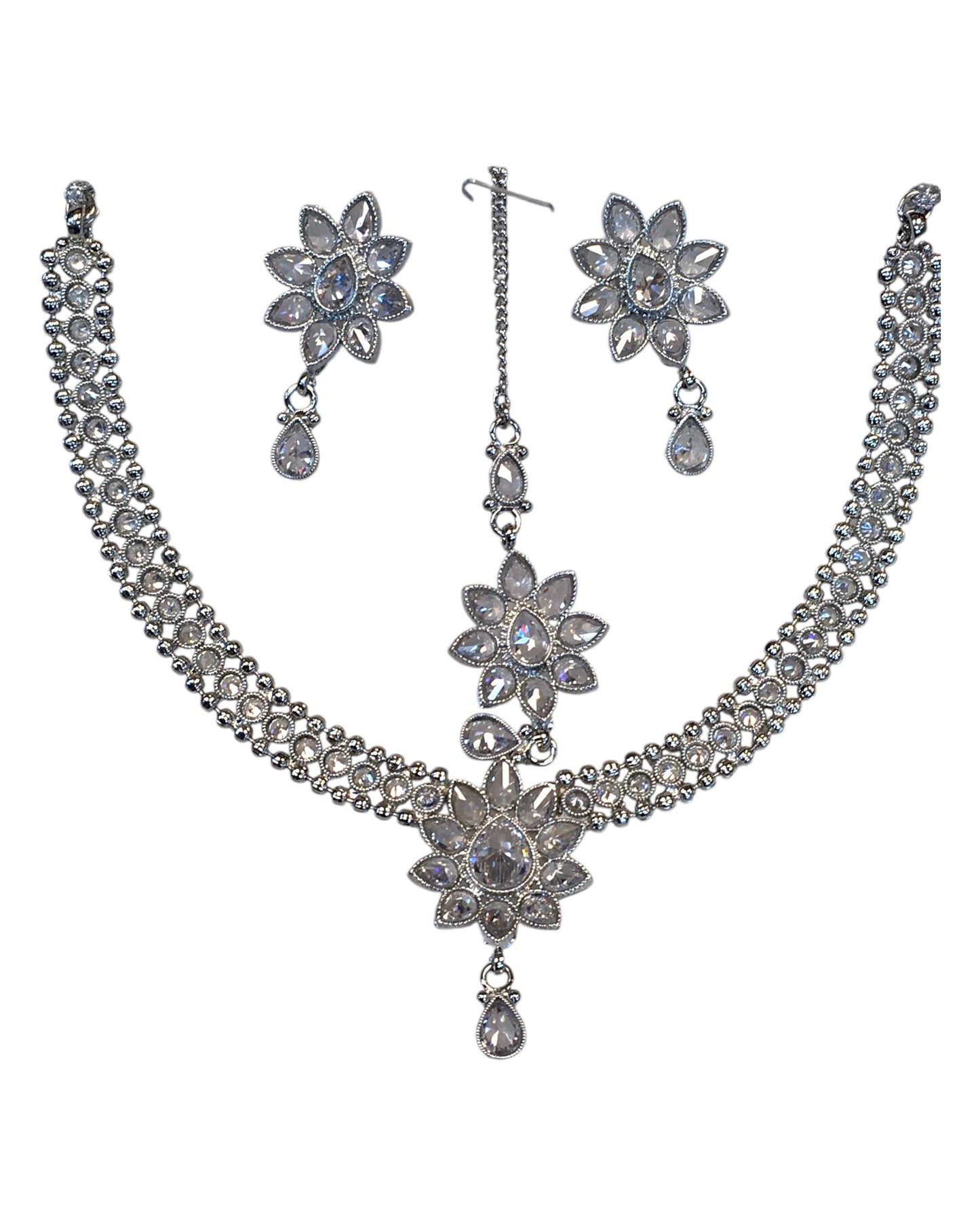 Clear - Medium Size Silver Finish Necklace Set with Earrings & Head Piece /Tika- SLV80  11H24