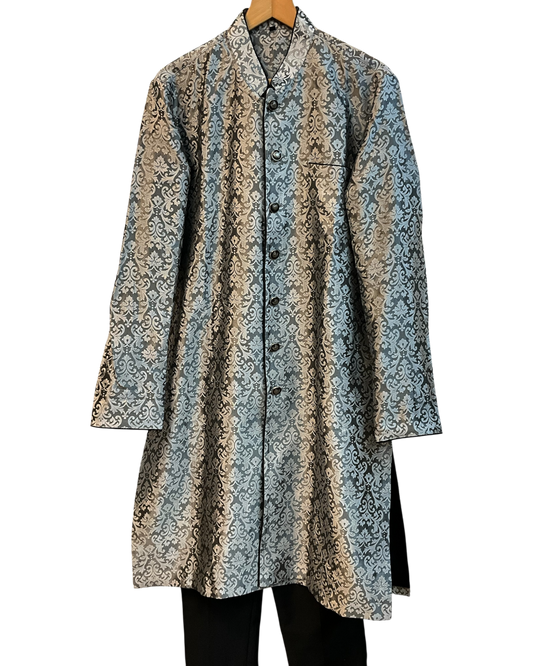 Sale! Mens Indian Light Sherwani set in Black / Silver Brocade for weddings, Bollywood Party ( with Draw stringed trousers) - DD180801JV
