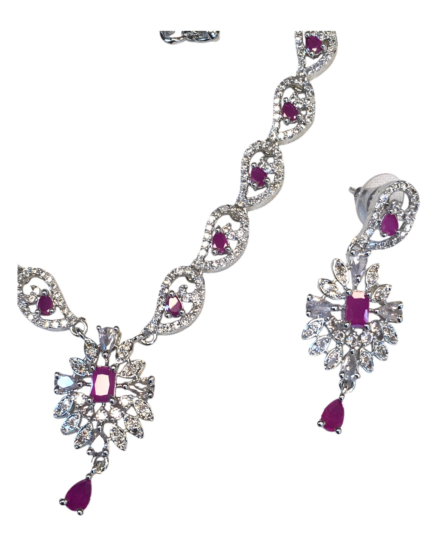 Magenta / Fuchsia - American Diamond Style Silver Finish Small Size Necklace Set with Earrings - AE2421 11R24