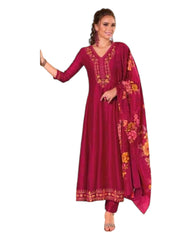 Magenta - Simple / Classy Ladies Indian Trousers Suit with Printed Dupatta - Size 12 (38