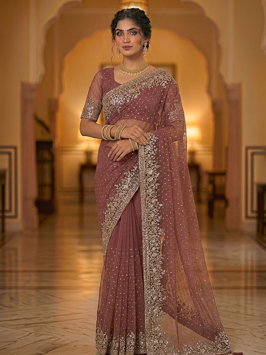 Coral Pink - Fancy Party Saree with Blouse Piece - UK stock - 24hr Dispatch - SP2622 PK
