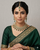 Green - Large Size Antique Gold Finish Necklace Set with Earrings & Head Piece - 6NS591 03KT26