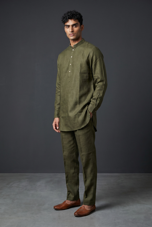Henna / Olive Green - Premium Linen Mens Indian Kurta with Linen Trousers - UK Stock - Weddings / Walimas , Sangeet, Diwali, Eid, Mehndi / Henna - VEE1366 VY