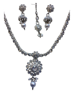Clear - Small Size Silver Finish Necklace Set with Earrings & Head Piece /Tika- SLV79  11A24