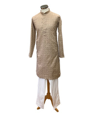 Beige - Linen Mirror Work Mens Kurta Set - Sangeet Mehendi Haldi - NY2302 KT 1123