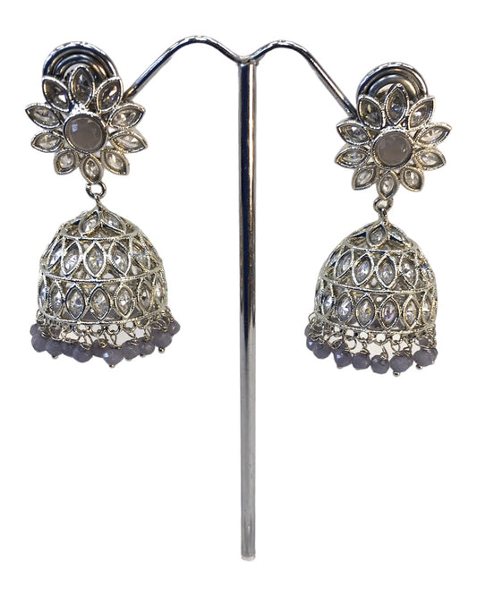 Grey - Medium Silver Finish Traditional Zhumki Earrings - Bollywood - Weddings - OMJ2125 P 1023