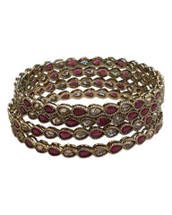 Antique Gold Finish FUCHSIA / MAGENTA  Reverse Stone Bangles (Set of 4) - Mix N Match - NBA2401Jp
