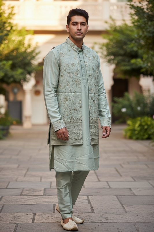 Light Grey / Silver - Mens Fully Embroidered Long Waistcoat with Rich Kurta set - KCS4853 03TH26
