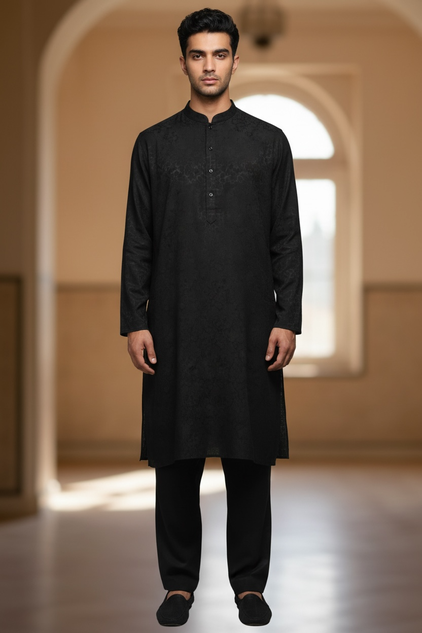 Black - Soft Cotton Self Woven Mens Kurta Set - Sangeet Mehendi Haldi - KCS1263 03KJ26