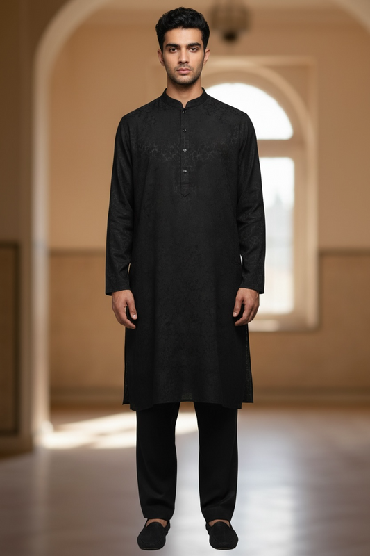 Black - Soft Cotton Self Woven Mens Kurta Set - Sangeet Mehendi Haldi - KCS1263 03KJ26
