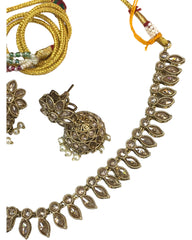 Gold / Neutral - Small Size Antique Gold Finish Necklace Set with Earrings - SV2404  C 0424