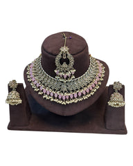 Pink - Large Size Antique Gold Finish Necklace Set with Earrings & Tika Head piece - GGA07  KT 0525