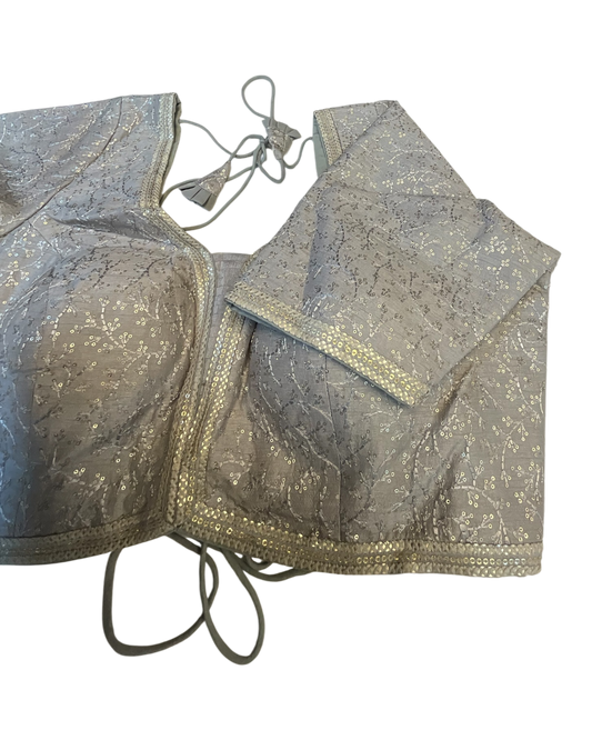 Size 40" / UK 14 - Silver Grey - Rich Silky Embroidered Saree blouse with cups - UK Stock - Quick Delivery - RNK - R885-KC
